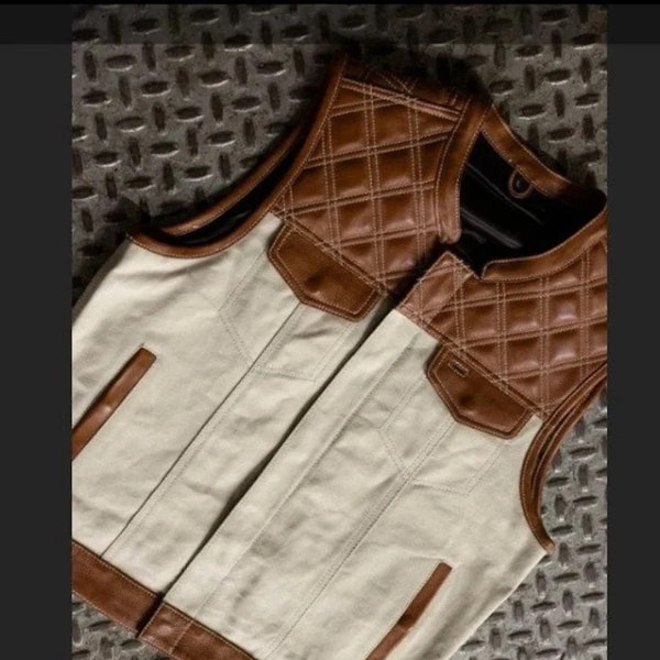 New Men's White & Brown Leather Vest, Diamond Quilted Denim Vest, Biker Vest, Motorcycle Vest, Gift For Him