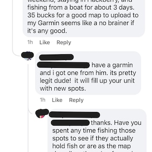 May include: Screenshot of a social media comment thread discussing the usefulness of maps for fishing. The comments mention a Garmin device, Hackberry, and Big Lake. The text includes questions about map accuracy and fishing spots.