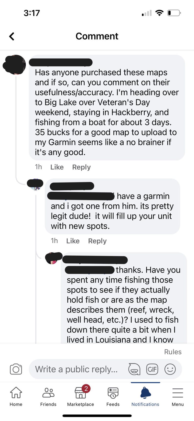 May include: Screenshot of a social media comment thread discussing the usefulness of maps for fishing. The comments mention a Garmin device, Hackberry, and Big Lake. The text includes questions about map accuracy and fishing spots.