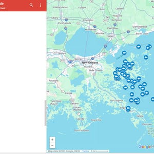 May include: A map of the Louisiana coastline, featuring numerous blue location markers clustered near the coast. The map includes place names such as New Orleans and Grand Isle. The top left corner displays "Hopedale" and "Jason Blanchard".