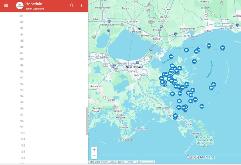 May include: A map of the Louisiana coastline, featuring numerous blue location markers clustered near the coast. The map includes place names such as New Orleans and Grand Isle. The top left corner displays "Hopedale" and "Jason Blanchard".