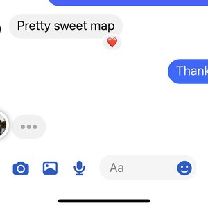 May include: Screenshot of a mobile phone messaging app. The text bubbles display the messages "Pretty sweet map" and "Thanks!" along with a red heart emoji. The interface includes icons for various functions.