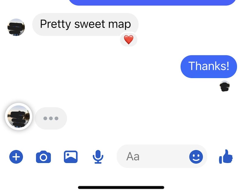 May include: Screenshot of a mobile phone messaging app. The text bubbles display the messages "Pretty sweet map" and "Thanks!" along with a red heart emoji. The interface includes icons for various functions.