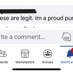 May include: Screenshot of a social media app interface. A text bubble reads "These are legit. Im a proud purchaser." Below, a comment box and navigation icons for Home, Friends, Marketplace, Groups, Notifications, and Menu are visible.