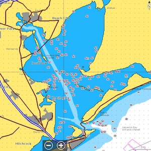 May include: A map of a coastal area with a blue body of water and yellow land. The map shows the location of Texas City, Seabrook, and League City. The map also shows the location of a channel called Houston Ship Channel. The map has a legend that says "SonarChart&trade; Density Very High".