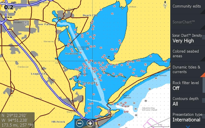 May include: A map of a coastal area with a blue body of water and yellow land. The map shows the location of Texas City, Seabrook, and League City. The map also shows the location of a channel called Houston Ship Channel. The map has a legend that says "SonarChart&trade; Density Very High".