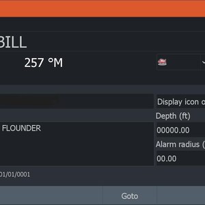 May include: A dark grey digital display with orange header text that reads "Edit Waypoint." The display shows waypoint details, including "SPOONBILL," distance of 274.3 km, and bearing 257&deg;M. Additional fields include notes and depth.