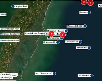 Chesapeake Bay / Offshore Hotspots Fishing Map - Garmin - Lowrance- Simrad - Hummbird  - iPhones -Android - Fish finders - GPS - MAC - PC