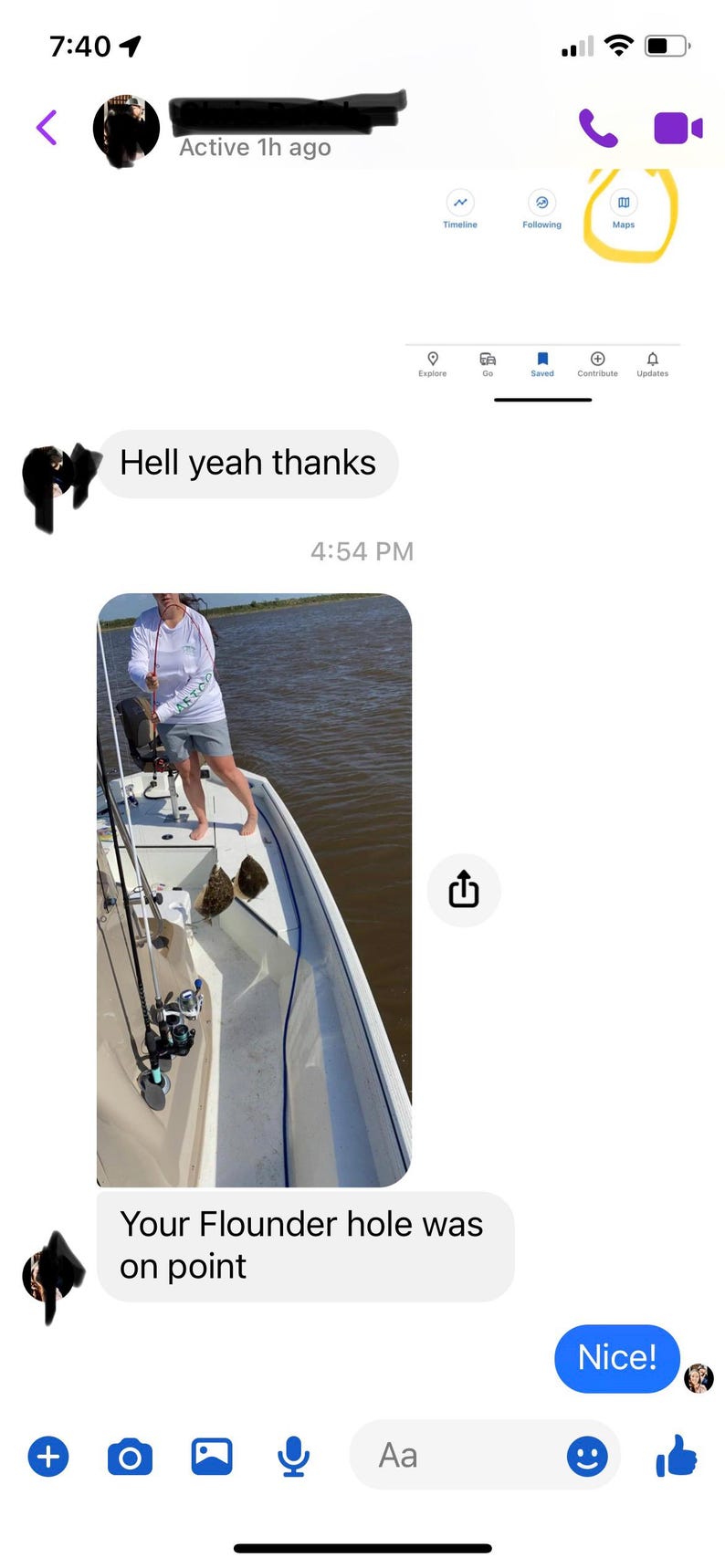 May include: A screenshot of a mobile phone conversation. The image shows a person on a boat with fishing rods, and two fish. The text in the conversation includes "Hell yeah thanks" and "Your Flounder hole was on point."
