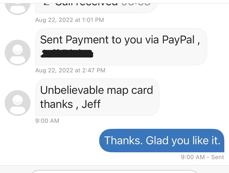 May include: Screenshot of a mobile messaging conversation. The messages include a payment confirmation via PayPal, a thank you message, and a positive review of a map card. The time stamps are visible.