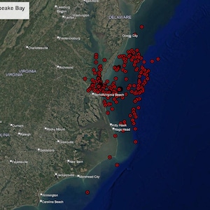 May include: Satellite image of the Virginia Beach and Chesapeake Bay area, with red dots marking locations. The image includes the states of Virginia, North Carolina, Delaware, and West Virginia. The text "Virginia Beach / Chesapeake Bay" is at the top.