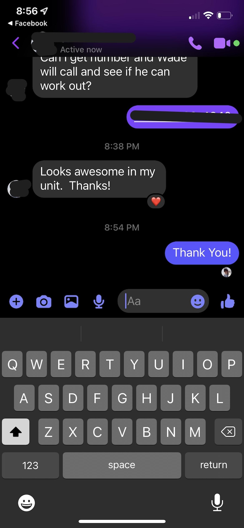 May include: Screenshot of a Facebook Messenger conversation on a smartphone. The screen displays text messages in a chat bubble format against a black background. The messages include phrases like "Can I get number" and "Looks awesome." A keyboard is visible.