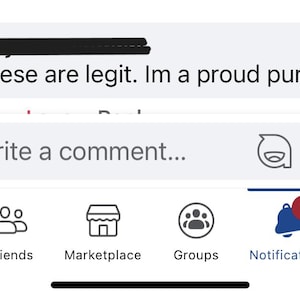 May include: Screenshot of a social media app interface. A text bubble reads "These are legit. Im a proud purchaser." Below, a comment box and navigation icons for Home, Friends, Marketplace, Groups, Notifications, and Menu are visible.