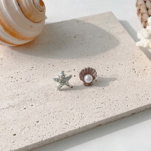 Summer Pearl Seashell Starfish Earring, Cute Rose Gold, Silver, Beach Mini Small Dainty Minimalist, Gift for her