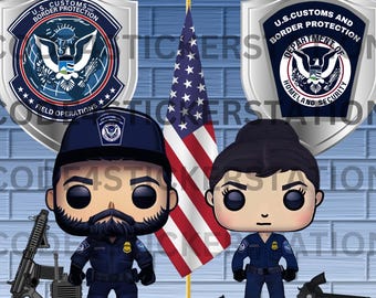 May include: A graphic featuring two stylized U.S. Customs and Border Protection figures, a man and a woman, in uniform. The background includes the American flag and CBP emblems. Various law enforcement tools are also present.