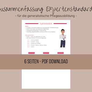 Könnte beinhalten: Eine rosa und weiße Grafik mit dem Text "Zusammenfassung Expertenstandards - für die generalistische Pflegeausbildung -" und einer Cartoon-Illustration einer Person in einem weißen Hemd und blauen Hosen, die eine Klemmbrett hält. Der Text "6 SEITEN - PDF DOWNLOAD" befindet sich am unteren Rand der Grafik.