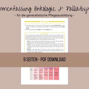 Pode incluir: Um documento rosa e branco com o título "Zusammenfassung Onkologie & Palliativpflege" para uma formação geral de enfermagem. O documento tem uma secção intitulada "Onkologie" com texto sobre o tratamento do cancro. O documento também tem uma secção intitulada "Palliativpflege" com texto sobre cuidados paliativos. O documento tem um gráfico de uma linha de tempo com as etapas do cancro. O documento tem um apelo à ação para descarregar um PDF de 9 páginas.