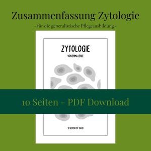 Op de afbeelding: Een witte en grijze omslag voor een 10 pagina's tellende PDF-download over cytologie, een tak van de biologie die cellen bestudeert. De omslag heeft een titel, "Zytologie", en een afbeelding van cellen. De tekst "Zusammenfassung Zytologie" staat boven de omslag.