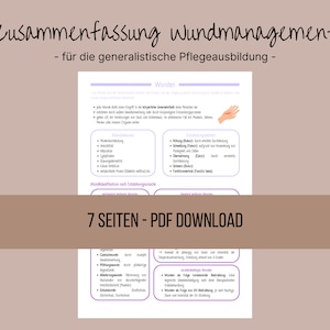 May include: A pink and white printable PDF download guide for wound management in general nursing education. The document includes a diagram of a hand with a wound and a list of wound management topics.