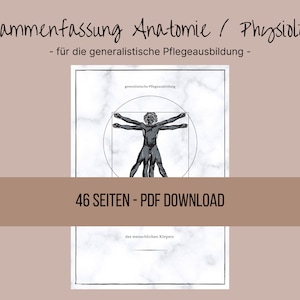 Könnte beinhalten: Eine Schwarzweißillustration einer menschlichen Figur in einem Kreis und einem Quadrat, überlagert auf einem Marmorhintergrund. Der Text "Zusammenfassung Anatomie / Physiologie" befindet sich oben im Bild, und der Text "46 SEITEN - PDF DOWNLOAD" befindet sich in der Mitte des Bildes.