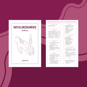 Puede incluir: Una guía de referencia médica titulada "NOTFALLMEDIKAMENTE" por "VON EMMA JEHLE". La portada presenta un dibujo lineal de una mano con un goteo intravenoso y un vial. La guía está sobre un fondo burdeos.