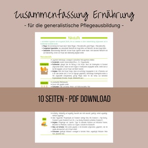Könnte beinhalten: Ein braunes und beiges Dokument mit dem Titel "Zusammenfassung Ernährung - für die generalistische Pflegeausbildung -" und dem Text "10 Seiten - PDF Download". Das Dokument enthält Informationen über Ernährung und ist in Abschnitte mit Überschriften wie "Nährstoffe", "Fett", "Kohlenhydrate" und "Ballaststoffe" unterteilt.