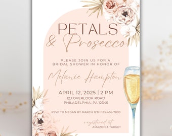 Petals and Prosecco Bridal Shower Invitation, Floral Bridal Shower, Fully Customizable and Editable Template, Digital Download