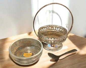 Silver Plate Steel Sugar Bowl, Brama England, Genuine Crystal Bowl in Silver Plated Holder with Spoon, Made in England,