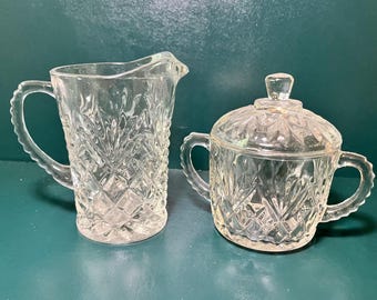 Glass Creamer and Sugar Bowl with Lid Set, Anchor Hocking, Pineapple Pattern, EAPG 1960s, Retro Pressed Glass, Retro Kitchen