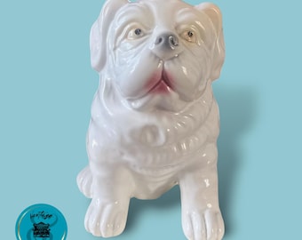Vintage White Bull Dog Figure, Ceramic Decor, Made in Portugal, Vintage Decor, Gifts for Dog Lovers, Bull Dog Decor