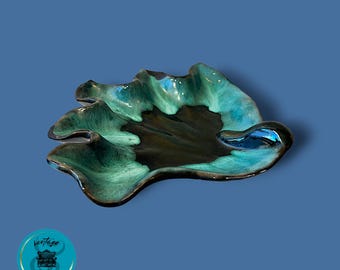 Pottery Dish/Ashtray, Vintage Drip Glaze Ceramic, Mid Century Modern,