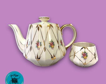 Vintage Sadler Teapot and Sugar Bowl Set, Ceramic, Made in England, Floral,