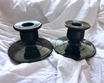 Black Glass Candle Holders Pair Vintage Art Deco Style Decor