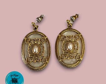 Vintage Earrings Pair, Gold Metal and Clear Resin, Faux Pearl, Ornate Filigree Style,