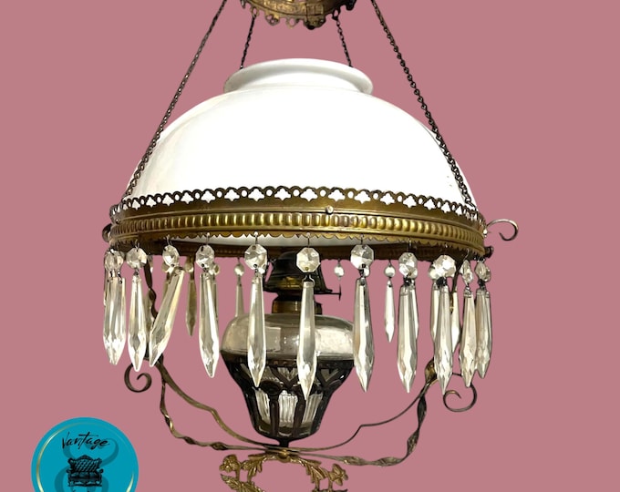 Featured listing image: Plume & Atwood Antique Hanging Parlor Kerosene Lamp