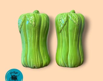 Vintage Celery Salt & Pepper Shakers, Green Vegetable, Made in Japan, Retro Kitchen Vintage Collectible, Cottage Core, Farmhouse