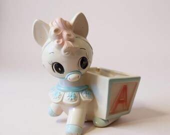 Vintage Pony Planter with Alphabet Block: Pastel Nursery Decor, Made in Japan
