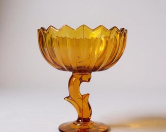 Vintage Amber Glass Compote Dish: Lotus Flower Pedestal Candy Bowl