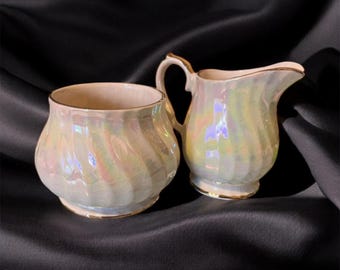 Vintage Sadler Swirl Lustreware Creamer and Sugar Bowl Pair Light Yellow England