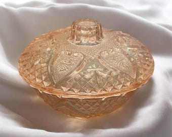Pink Glass Candy/Trinket Dish, Mid Century Modern Vintage, KIG Indonesia, Covered Dish, Pressed Glass Bowl
