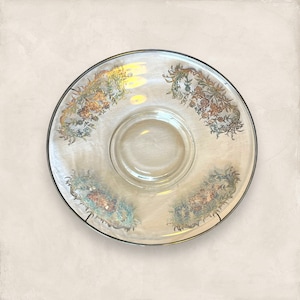 Decorative Glass Round Serving Dish Silver Overlay Gilded Edge Vintage