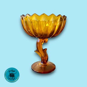 Vintage Amber Glass Compote Dish, Pedestal Candy Dish, Lotus Flower, Indiana Glass Co., Retro Glass,