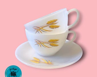 Vintage Fire King Tea Cups and Saucer, White Glass, Milk Glass, Wheat Pattern, Anchor Hocking, 1960s