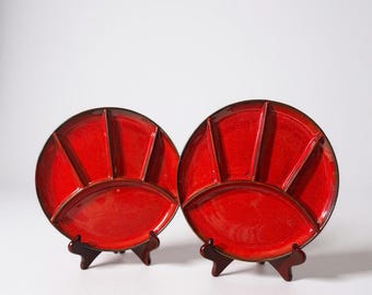 Vintage Red Ceramic Divided Plates: Mid Century Modern Fondue, Set of 2