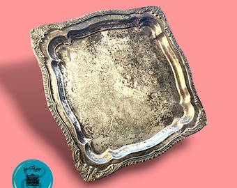 Vintage Silver Plate Footed Large Square Tray