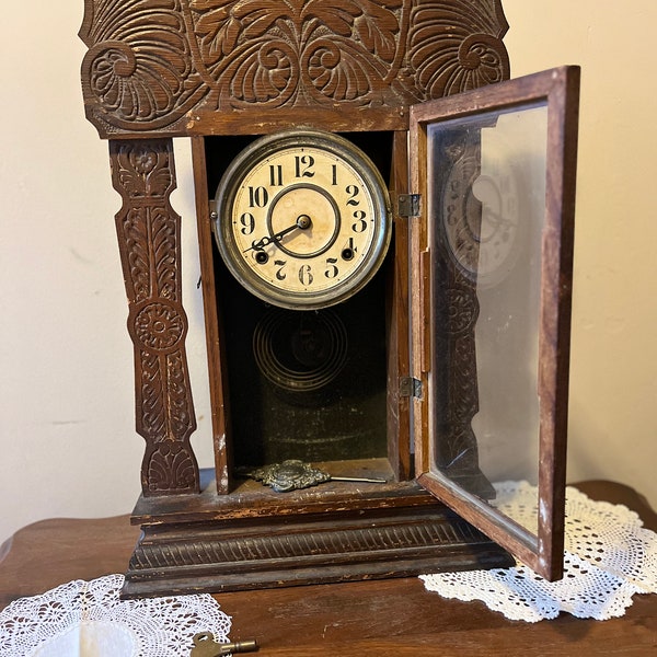 E. Ingraham Clock Wind Up Ornate Pendulum Mantel Gingerbread Rooster Alarm Antique