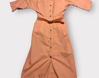 Peach Sheath Style Impromptu Button Up Belted Dress