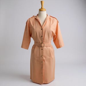 Peach Sheath Style Impromptu Button Up Belted Dress