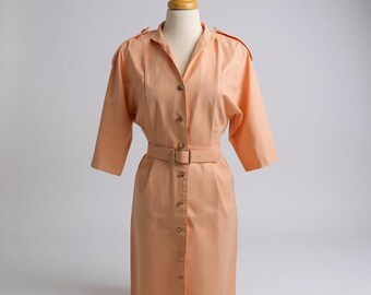Peach Sheath Style Impromptu Button Up Belted Dress