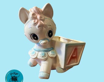 Vintage Pony Planter with Alphabet Block, Nursery Planter, Made in Japan, Pastel Colours, Ceramic Planter, Baby Dhower Gift, Mid Century